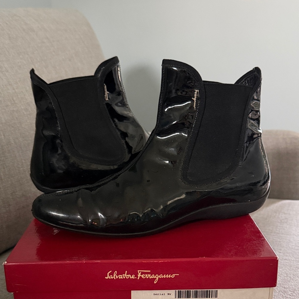 SALVATORE FERRAGAMO rare black patent leather ankle rain booties w/box, 9.5 C